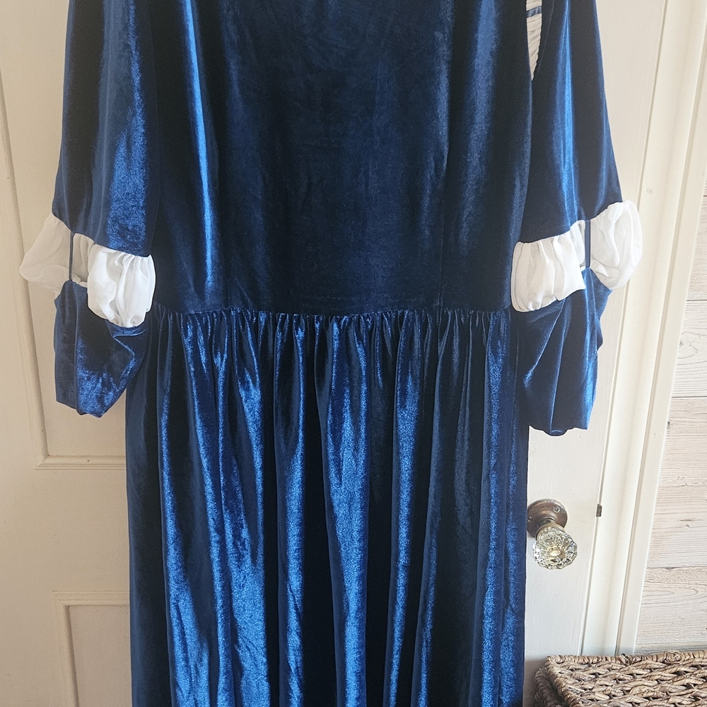 Elegant Blue Velvet Dress with White Accents